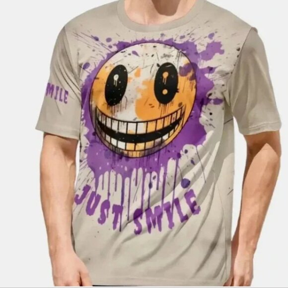 New Men’s Distorted Smiley Face Graphic Tee - Picture 1 of 3